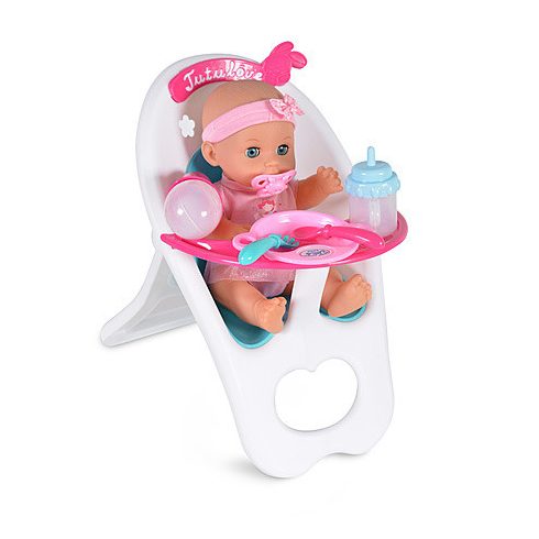 TUTU LOVE pisilő játékbaba 36cm etetőszékkel, kiegészítőkkel.