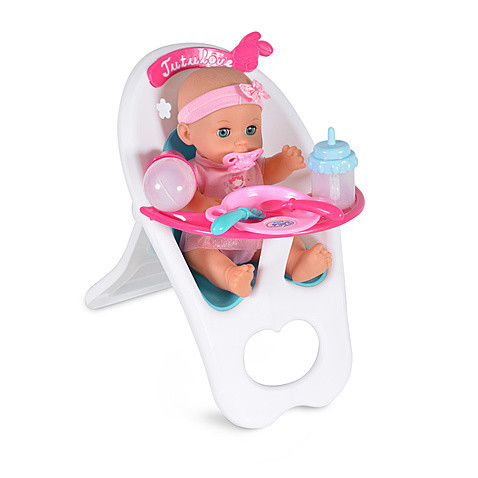 TUTU LOVE pisilő játékbaba 36cm etetőszékkel, kiegészítőkkel.